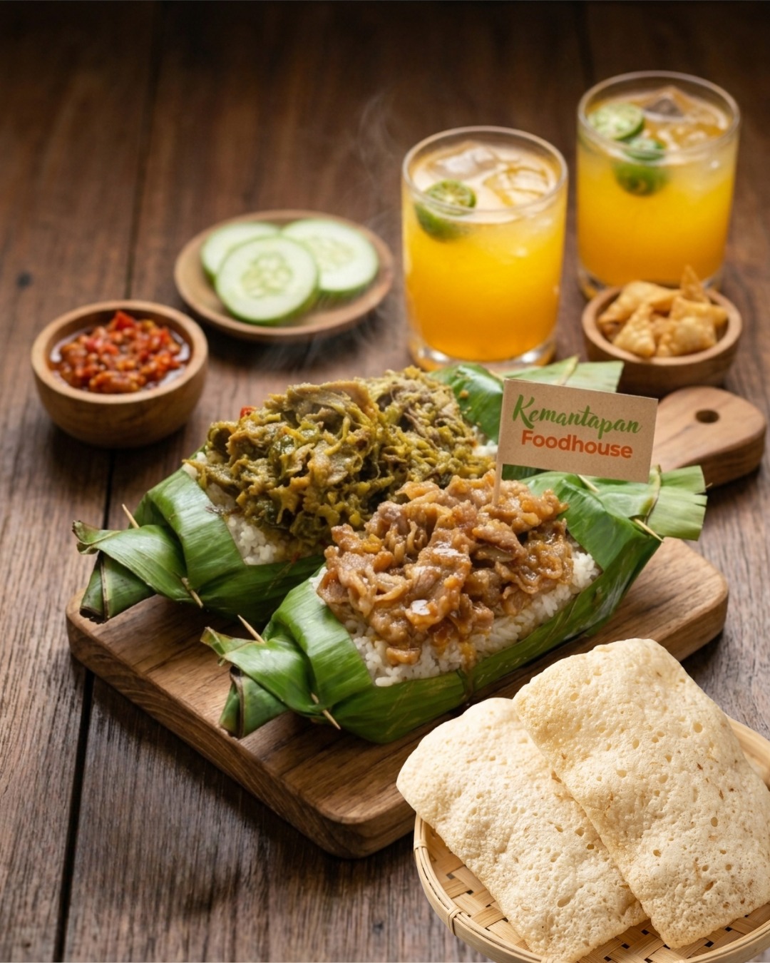 Nasi bakar Kemantapan Foodhouse dengan sambal, kerupuk, dan minuman